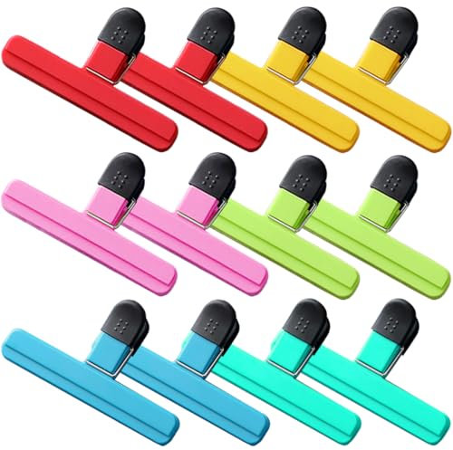 BamLue 12 Stück große Beutel-Clips, strapazierfähige, wiederverwendbare Beutelverschluss-Clips mit 6 verschiedenen Farben, Lebensmittelaufbewahrungsklammern, Gemüse, Obst