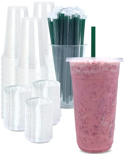 Cappatua [100 SETS] 32 oz Clear Plastic Cups with Lids and STRAWS, Disposable Drinking Cups for Cold Drinks, Iced Coffee, Milkshakes, Smoothies