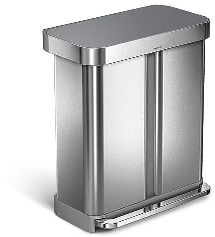 simplehuman CW2209 cubo doble compartimento con pedal y almacén de bolsas de basura, acero inoxidable cepillado con tapa de plástico gris, 58 L (34/24)