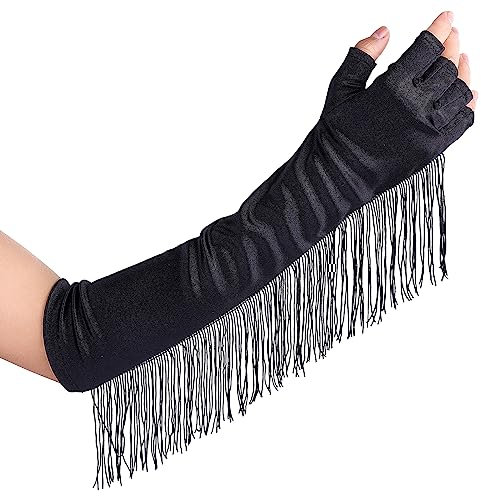 Yolev Lange Damen Fingerlose Handschuhe Schwarz Satin Quasten Opernhandschuhe im Vintage-Stil der 1920er Jahre Armstulpen für Damen Opernabend Halloween Party Kostüm Zubehör