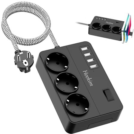 Multipresa con USB, Multipresa da Scrivania con 3 prese e 4 USB-A, Multipresa Ciabatta Elettrica con Interruttore Indipendente, Per Casa e Ufficio (4000W/16A), 2M Cavo, Nero
