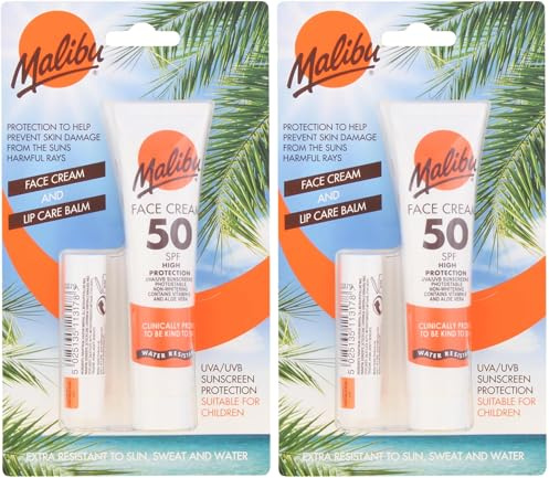 Malibu Sun Duo Pack, SPF 50 Face Cream Sunscreen and SPF 30 Lip Balm Protection, Water Resistant, 2 Piece, 40ml and 5g (Pack of 2)