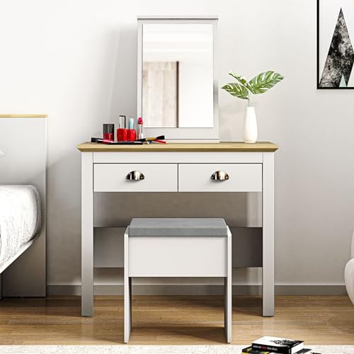 Galano Sufy Dressing Table with Mirror and Cushioned Stool - Bedroom Large Vanity Makeup Table with Drawer Storage – Console Table for Home Hallway and Living (White)