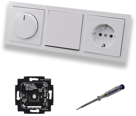 Busch Jäger 6523U-102 LED Drehdimmer Dimmer + Dimmerscheibe 6540-84-102 + Kreuzschalter 2000/7US + Steckdose 20EUC-84 Future Linear Studioweiß + EBROM Phasenprüfer zur Montage der Geräte 6523 U – 102