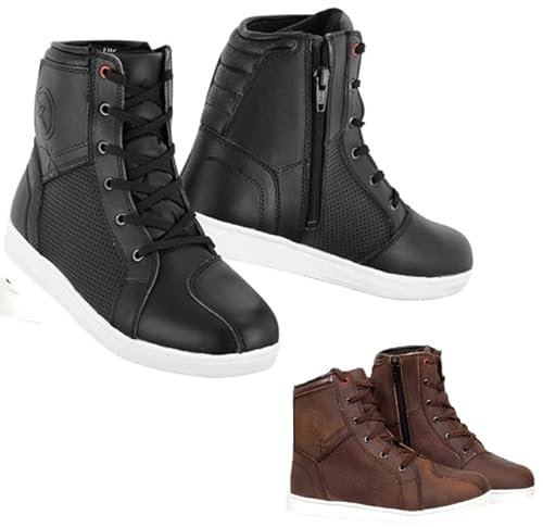 Vaster Moto Stivali moto uomo in pelle traspirante rinforzato con caviglia suola antiscivolo stivali turismo con lacci approvato CE, Nero , 43 EU