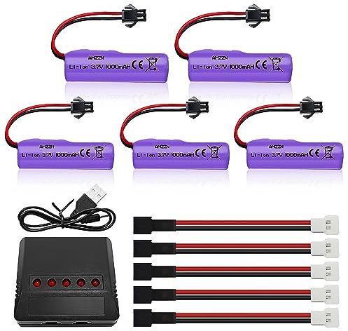 AMZZN 5PCS 3.7V 1000mAh SM-2P Plug Lipo Battery With 5-IN-1 Charger RC Toy Car Battery For TB202 TB201 TM201 TM202 TC141 DE35 DE38 DE40 DE50 RC Cars,Trucks,Stunt Vehicles