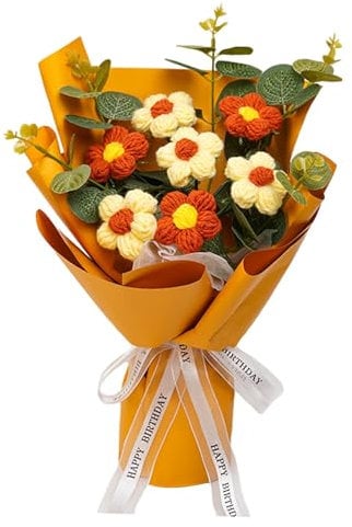 MagiDeal Gehäkelter Blumenstrauß, fertig gestrickte Blumen, Muttertagsgeschenk, vielseitiger künstlicher Blumenstrauß für Freundin, Gelb