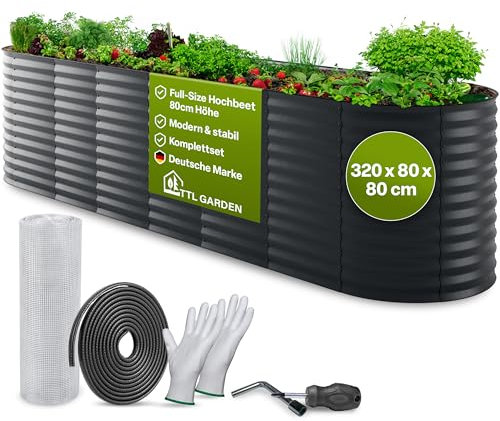 TTL GARDEN 320x80x80cm Elegance XL Metall Hochbeet Anthrazit - Stahl rostfrei verzinkt & grau lackiert Wellblech ovale Form sehr stabil Garten Beet für Gemüse Kräuter Blumen Gartenbeet Gemüsebeet