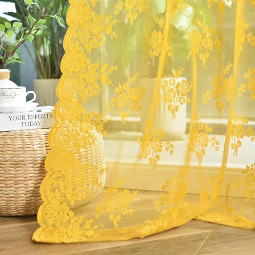 Kotile Goldfarbene transparente Vorhänge, 137 cm Länge, 2 Paneele, Landhaus-Vintage-Blumenmuster, Retro, Senfgelb, Spitzenvorhänge für Schlafzimmer, Stangentasche, Lichtfilterung, Privatsphäre,