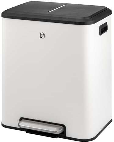 eluno Poubelle à pédale - 2 compartiments d'une capacité de 15 litres chacun, seau intérieur amovible en plastique, poignées latérales, grande pédale, système de tri sélectif (Blanc)