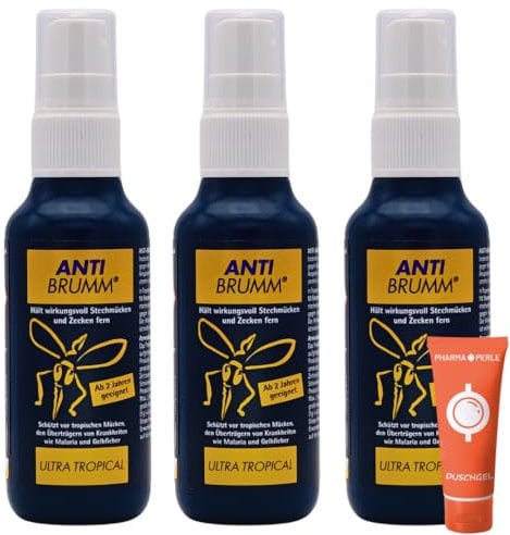 Anti Brumm Ultra Tropical 3x 75 ml I Schutz vor tropischen Mücken I Insektenrepellent I Mückenspray I Abwehr von Mücken und Zecken I Urlaub, Fernreisen I Deet I Spar-Set plus Pharma Perle give-away