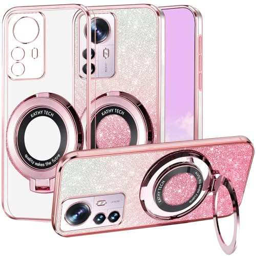 Kainevy Cover per Xiaomi 12 Trasparente Magnetica con Anello Supporto Compatibile con MagSafe, Sottile Silicone Custodia per Xiaomi 12 Glitter 2 in 1 Copertura Separabile Rosa (Rosa)