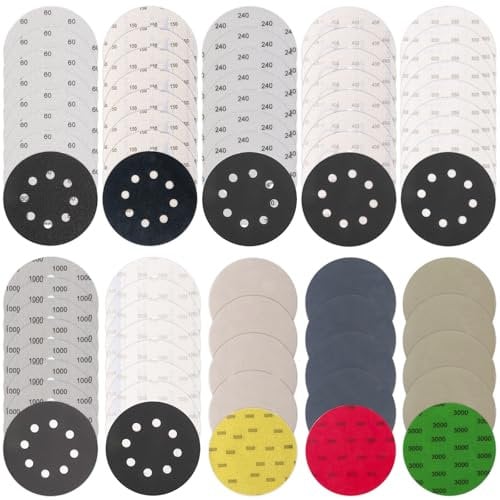 71 Pezzi 125 mm Dischi Abrasivi Rotondi 8 Fori per Levigatrice Orbitale Grana 60/150/240/400/800/1000/1500/2000/3000/5000 Carta Vetrata Abrasiva per Levigatura, Lucidatura, Legno, Vetro, Metallo