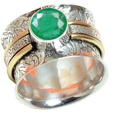 Wide Fusion Band Ring, 925 Sterling Silver Wide Band Rings for Women, Birthstone May Rings, Emerald Bridesmaid Rings Gift Spinner/Non Spinner (US Ring size 7, Emerald)