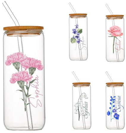 BUGMKCS Tasse en verre personnalisée avec fleur et nom colorés d'anniversaire – Tasses en verre avec couvercles et pailles, joli gobelet cadeau pour femme, anniversaire, maman, enseignante