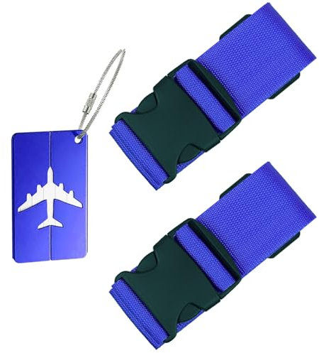 2 Stück Koffergurt mit Gepäckanhänger Set, Kofferbänder mit Adressschild Kreuzgurt Koffer Zubehör für Schnell erkennen Gepäck Reisetasche Koffer(Blau)