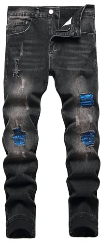 Herren Slim Fit Stretch Jeans Zerrissene Röhrenjeans für Männer, Distressed Destroyed Regular Straight Leg Fashion Comfort Flex Waist Jeanshose, Teenager Lässige Mode Skinny Designer Denim Hose