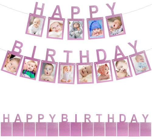 Happy Birthday Foto Girlande, Fotogirlande Geburtstag, Hängende Rosa Foto Wanddekoration für Party Dekor Mädchen Jungen Heilige Kommunion Party