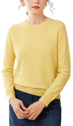 DISSA Pull Cachemire Femme Jaune Col Rond Solide Couleur Tricoté en Vrac Manches Longues Fin Pull en Cachemire et Laine,EU 44,SPR2449