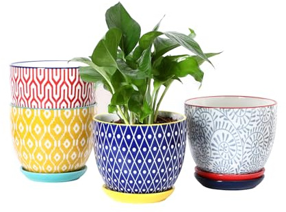Selamica Ceramic Plant Pots, 5.6 Inch Flower Pots for Indoor Plants, Planters with Drainage Hole and Saucer, Garden Pots for Succulent, Orchid, Home Decor, Set of 4, Assorted Colors
