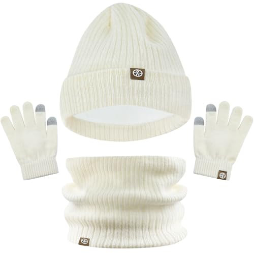 LINSOCLE 3 in1 Kinder Wintermütze Schal Handschuhe Set, Mädchen Winter Beanie Handschuhe Runder Schal Set für Kinder 5-12 Jahre