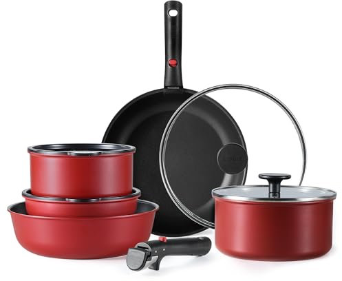 CAROTE Pots and Pans Set Non Stick, Cookware Sets, Oven/Fridge Safe, Space Saving Pots Set, 11pcs Kitchen Set, Nonstick Set with Versatile Removable/Detachable Handle, Induction RV Set, Red and Black