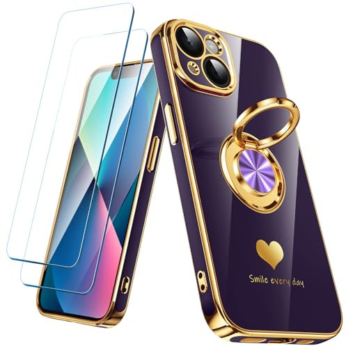 Nonional Compatible for iPhone 13 Case with 2 Pack Screen Protector, 360° Rotatable Ring Holder [Luxury Hearts Pattern] Plating Gold Edge Slim Soft Phone Cover Case for iPhone 13 - Purple
