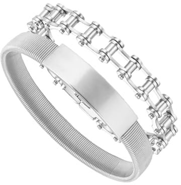 MILAKOO 2pcs Mens Bracelets Set Punk Biker Mototcycle Chains Link Bracelet Stretch Wristband Heavy Sturdy Design