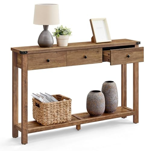 VASAGLE Konsolentisch, Beistelltisch, schmaler Sofatisch, mit 3 Schubladen und Einer Ablage, für Flur, Wohnzimmer, Landhausstil, honigbraun LNT142KB01