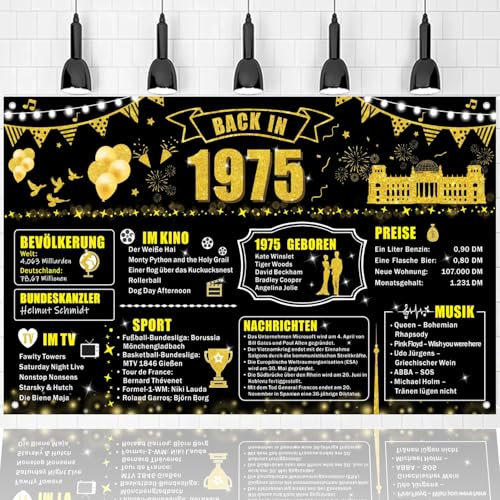 Party-Banner zum 50. Geburtstag Dekorationen, Hintergrund für Party-Poster zum Geburtstag im Jahr 1975, großer Hintergrund für Männer und Frauen zum 50. Geburtstag (Schwarz Gold-1975)
