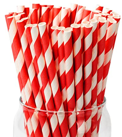 PakTalk Papierstrohhalme Rot-Weiß Gestreift, 100 Stück | Strohhalme Plastik-frei BIO für Party, Geburtstag, Hochzeit, DIY und Eihnachten