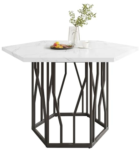 LARFOEK Sechseckig Esstisch, Küchentisch 115,5 x 100 x 75 cm, Esszimmertisch Klein für 2-4 Personen, Tisch mit Tischbeine aus Metall, Geeignet für Wohnzimmer und Esszimmer, Schwarz+Weiß