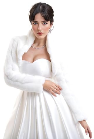 AUTTOGirl Damen Hochzeit Brautjacke jacke Bolero kunstlichem Pelz Fell-Nerzimitat Braut Pelzimitat Jacke Weiß S