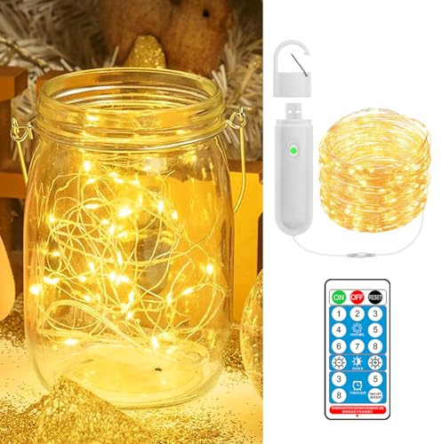 1 Pack Rechargeable Fairy Light with Remote & Timer, 10M Reusable Charging String Light Copper Wire Light for Indoor Outdoor Lighting, Christmas Tree Bottle Bedroom Party Wedding Decoration Warm White