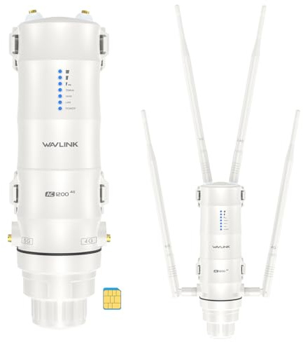 Ripetitore WiFi Esterno Potente Wavlink AC1200 4G LTE Dual Band Alta Potenza con Antenna Lunga Portata 7dBi e Slot SIM - Amplificatore WiFi Outdoor PoE per Copertura Estesa Fino a 200m