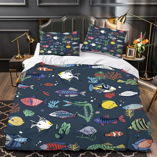 RFFLUX 3D Fisch Bettwäsche Set 135x200 cm 2teilig Weiche und Angenehme Microfaser Bettwäsche Ozean Fische Bettbezug Kinderbettwäsche mit Kissenbezug 80x80 cm（Stil 60-7）