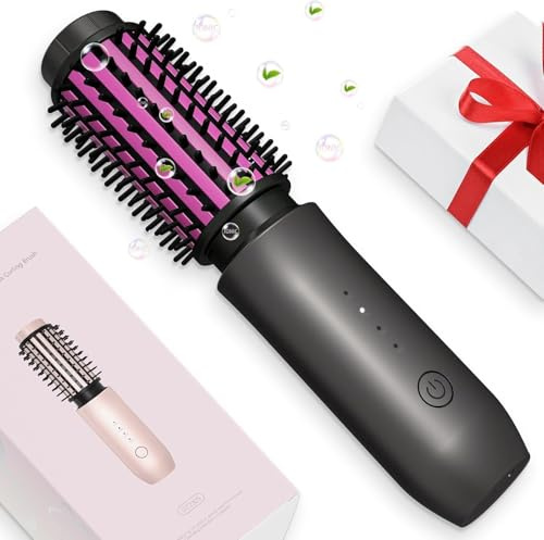 Mini brosse à friser sans fil, brosse à lisser portable, fer à boucler sans fil anti-frisottis avec ions négatifs, outil à cheveux à sertir 3 en 1, baguette à boucler ondulée rechargeable – Violet