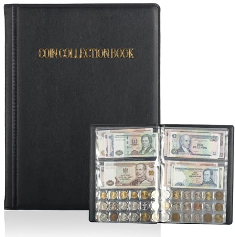 Eulihent Coin Collection Album Black Coin Currency Collecting Holder Album 2 In1 Stamp Banknote Album Coin Holder Book, Paper Money Currency Collection Holders for Bill, Pennies, Quarters, Tokens