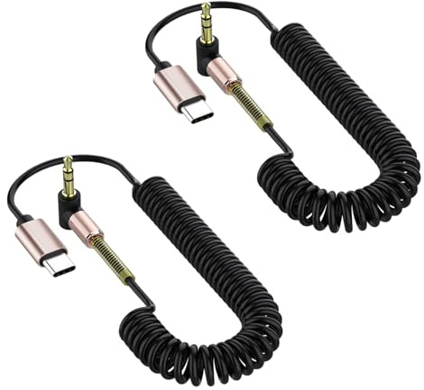 Leloco USB C auf Klinke Aux Kabel 90° Winkelstecker für Auto-Audio | Flexibles Federkabel (40cm-1,5m), ideal als aux kabel usb c für Smartphone, Tablet & Autoradio. Hi-Fi Sound ohne Verzögerung