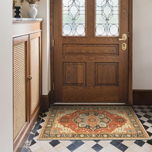 BEIMO Fußmatte 60x90cm Vintage Waschbarer Teppich Rot | Boho Orientalisch Wohnzimmerteppich, Weicher Kurzflor Klein Carpet mit Rutschfester für Eingang, Bettvorleger Schlafzimmer