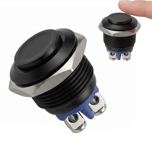 Wcawnlt Bouton Poussoir Momentané Étanche 12V 16mm, Interrupteur Métal Rond Waterproof 220V Mini Push Switch Noir Pour Voiture DIY