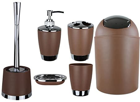 6tlg Badset Badezimmer Zubehör Set Organizer: Seifenspender, Zahnputzbecher, Kosmetikeimer, WC Bürste und Halter, Seifenschale, Mülleimer, Zahnbürstenhalter, Badgarnitur (Braun Design 1)