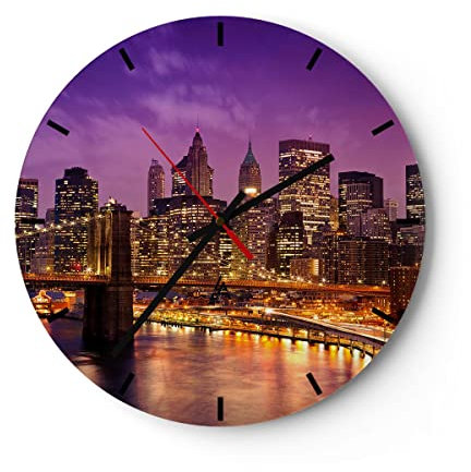 Modern Wanduhr New York Nacht Brooklyn brücke 30x30cm Rund Klein Wand Uhr Glas Analog Zimmeruhren Küche Büro Wohnzimmer Glasuhr Wall Clock Dekoration Design Wanddekoration Küchenuhr C3AR30x30-2660