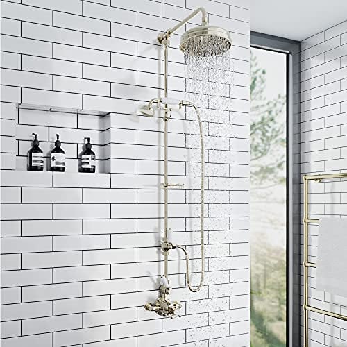 ENKI, Downton, SH0145, Shower Set with 2 Shower Head outlets, Telephone Style Cradle and soap Dish, White & Gold Shower Tap Attachment for Bathroom Showers, Traditional Thermostatic Shower Set, Gold