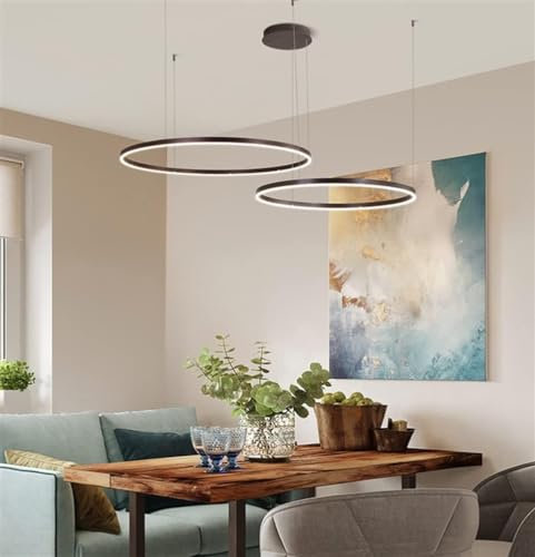 JINWELL LED Pendelleuchte Esstischlampe Pendellampe Wohnzimmerlampe Dimmbar Hängelampe Modern Kronleuchter Rund Ring Leuchten Aluminium Acryl Deckenleuchte 65W Braun 2laps 40+60cm