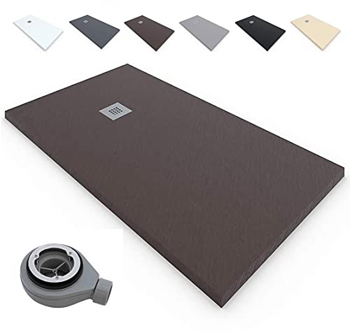 Plato de Ducha RESINA Extraplano EstiloBaño®TERRA - Antideslizante TEXTURA PIZARRA - Todas Las Medidas Disponibles -Varios colores -【70x150, Chocolate Ral-8017】- Incluye Válvula desagüe+Rejilla