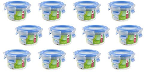 Emsa 508550, 12er Set, Runde Frischhaltedose mit Deckel, 0.15 Liter, Transparent/Blau, Clip & Close + Gratis 4er Set EKM Living Edelstahl Trinkhalme