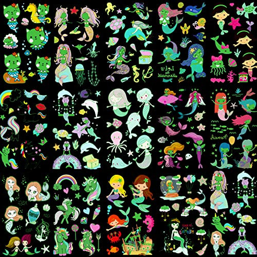 HOWAF Tattoo Kinder, Meerjungfrau Temporäre Tattoos Set, im Dunkeln leuchten Einhorn Tattoos Kinder, Meerjungfrau Kindertattoos Tattoos Aufkleber für Mädchen Kindergeburtstag Mitgebsel