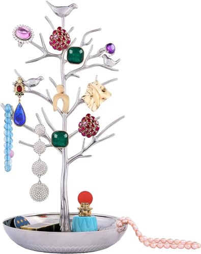 AUTODECO Retro-Schmuckbaum-Organizer für Halsketten und Ohrringe, Ring, Baumhalter, Display, Schmuckturm, Baum, tolles Geschenk für Frauen und Mädchen, silberfarben
