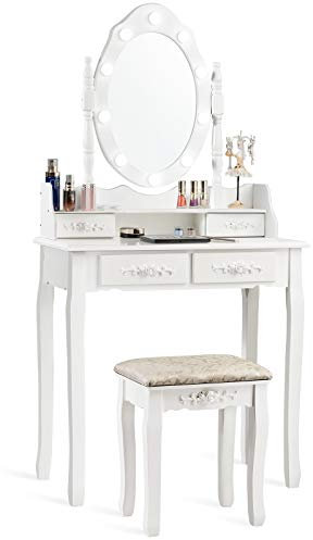 GOPLUS Schminktisch mit Beleuchtung und Hocker, Frisiertisch mit 360 ° schwenkbarem Spiegel, Kosmetiktisch Holz mit 4 Schubladen und Ablagen für Schlafzimmer & Garderobe (Weiß)